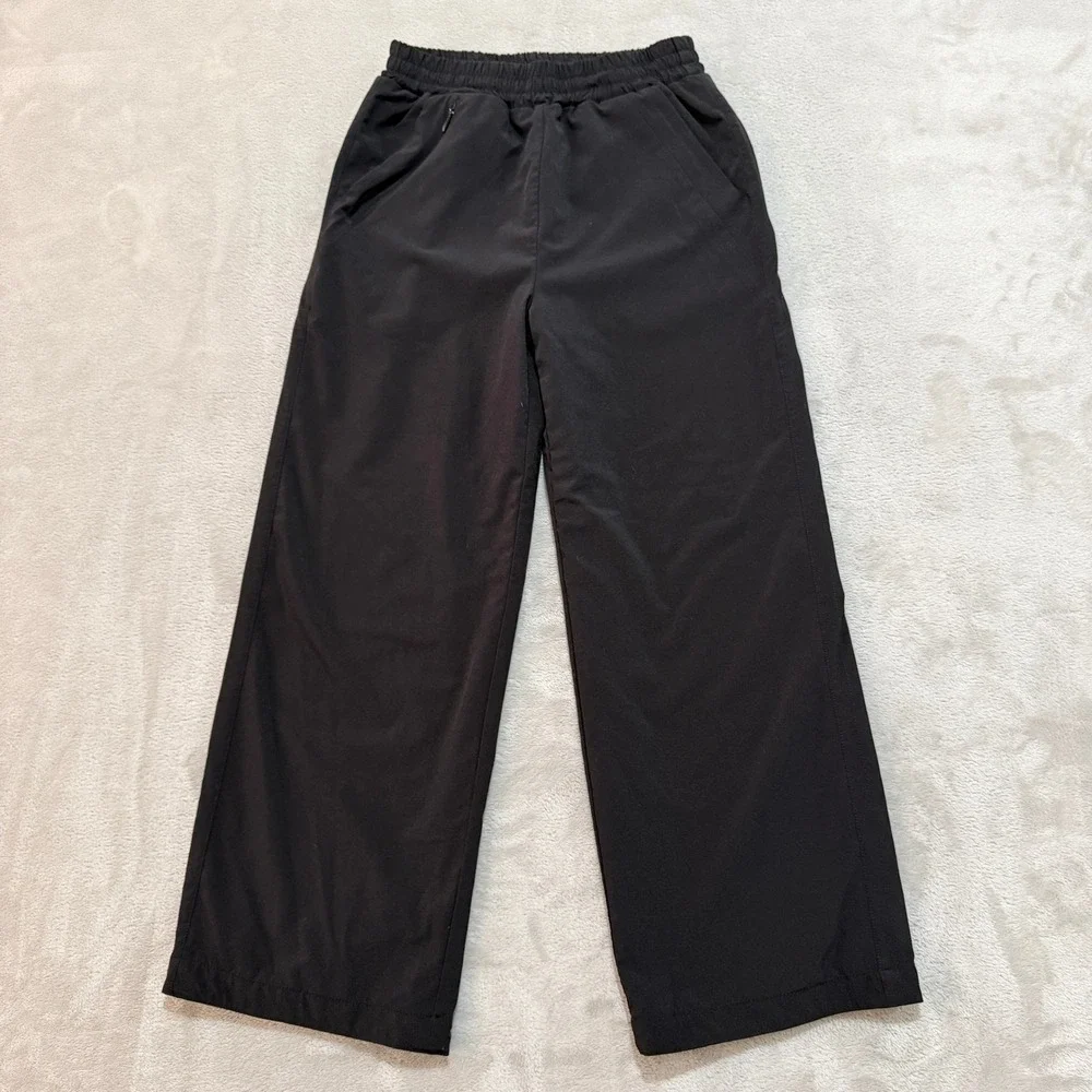 Athleta Girl Wide Leg Pants Girls S 7 Black Athletic Lined Stretch Active Relax